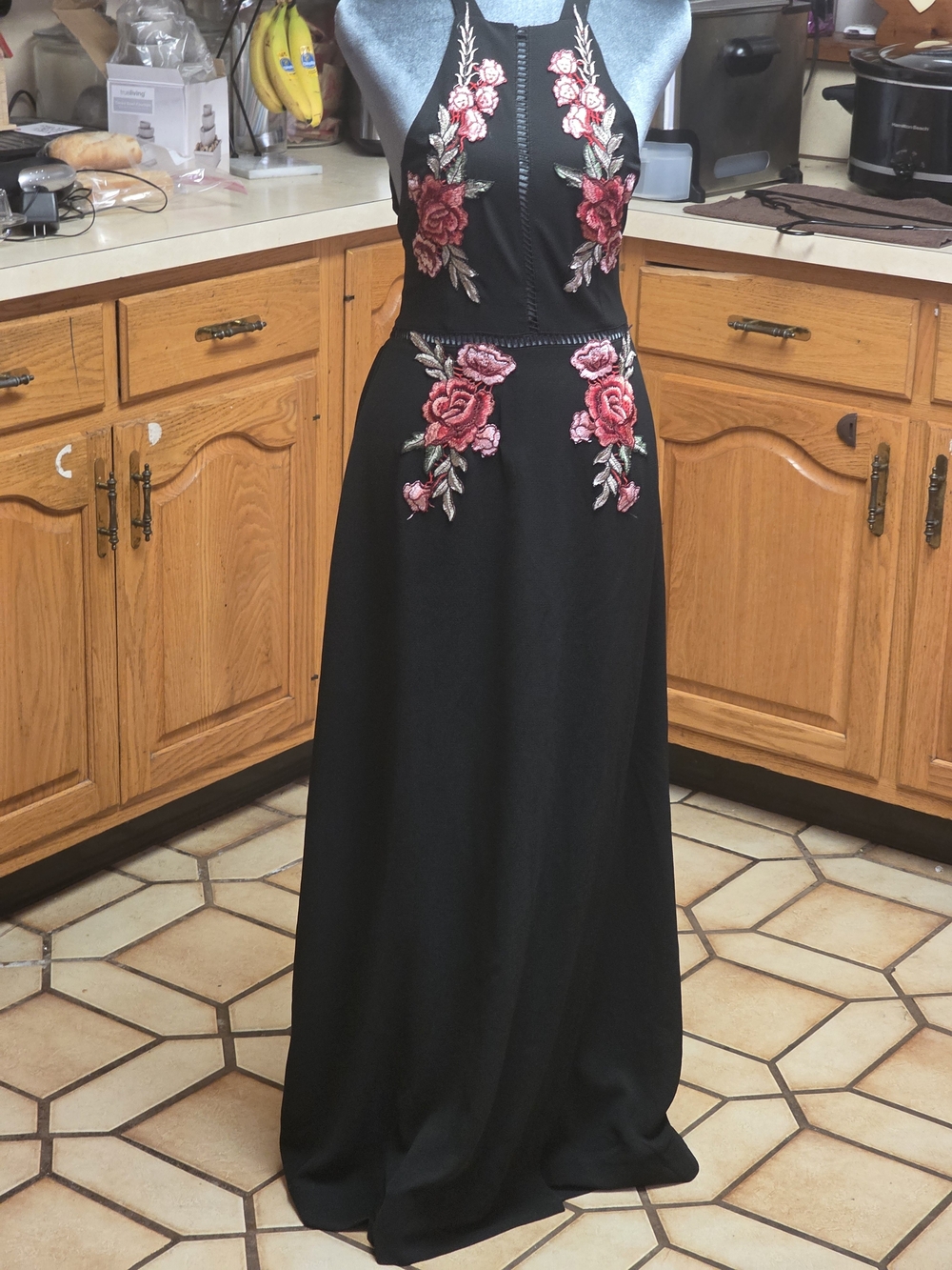 Black Maxi Dress with Pink Rose Embroidery - Elegant Evening Gown